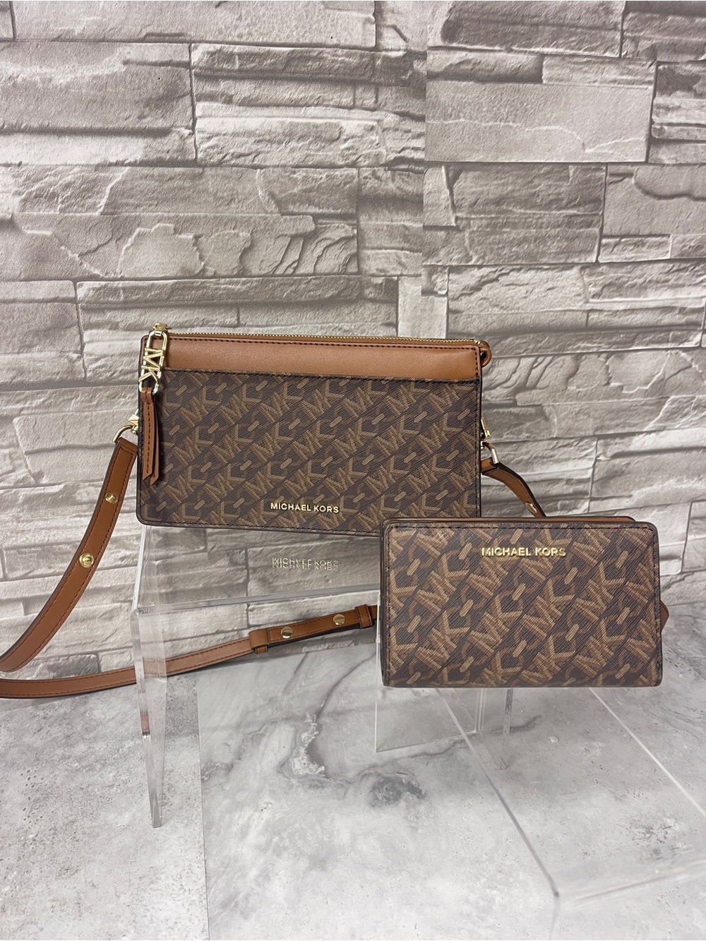 Michael Kors Brown Monogram Crossbody with Matching Wallet